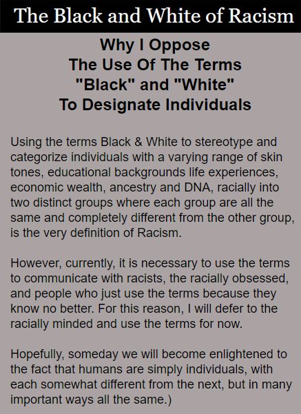 READ WHY I OPPOSE THE USE OF THE TERMS “WHITE” AND “BLACK” TO DESIGNATE INDIVIDUALS:

bit.ly/3jsWQ8k