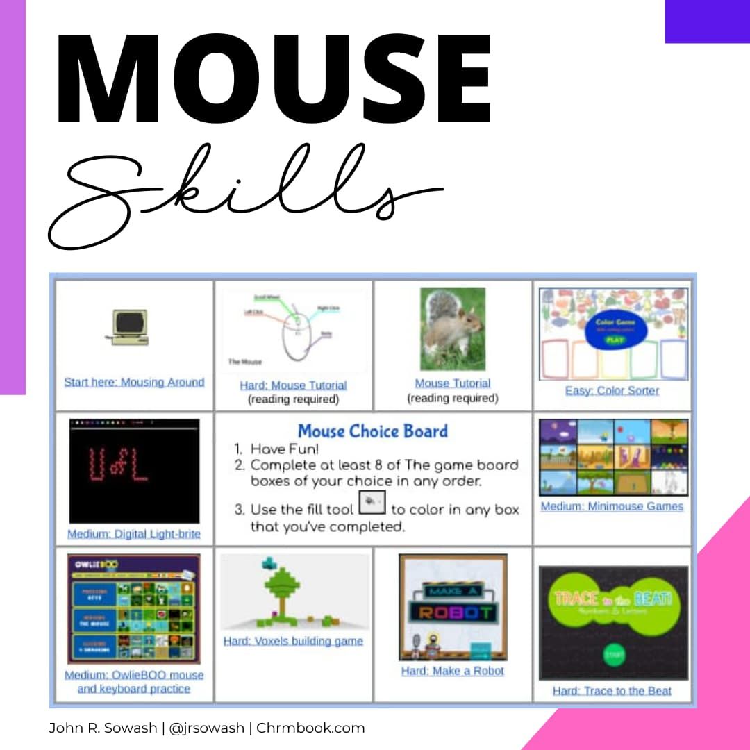 jrsowash's tweet photo. The ability to confidently use a mouse / trackpad is an essential skill for PK-1 students. 🖱️
I created this choice board to organize my favorite mouse games and practice activities.
Feel free to make a copy for your classroom: https://t.co/Z46rgjof93
#elechat #earlyelem https://t.co/eZjxV2NBl1