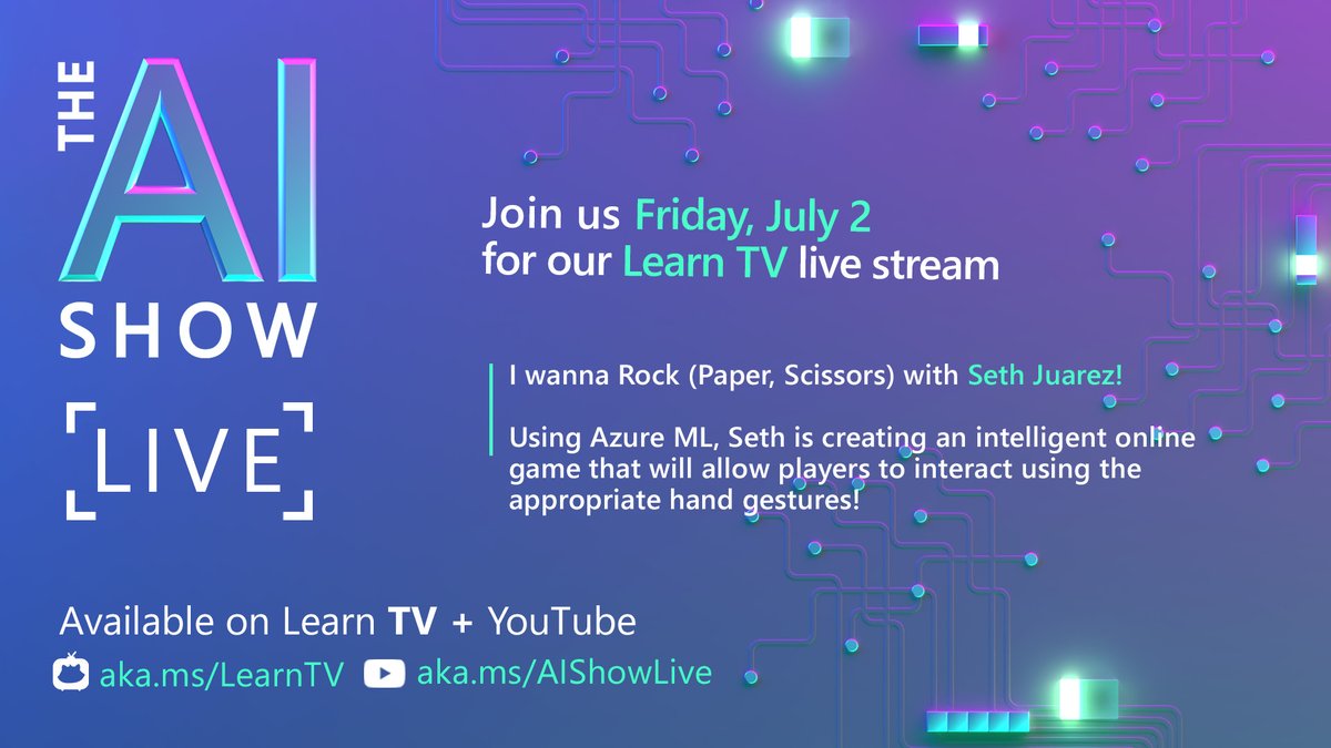 Azure's tweet image. I wanna rock (paper, scissors) with Seth Juarez! Join him today at 11:00 AM PT on Learn TV as he creates an intelligent roshambo game that allows players to interact using the classic hand gestures: msft.it/6014nRcF0 #AzureMachineLearning #AIShowLive
