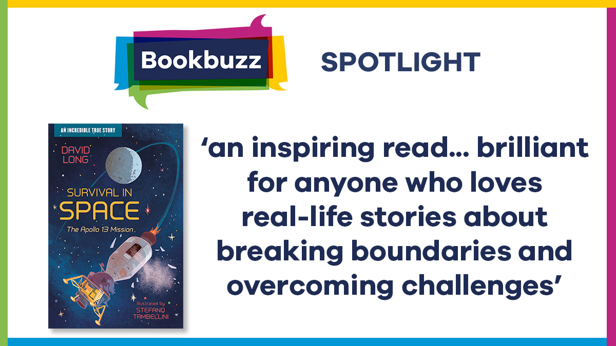 The front cover of Survival in Space and a quote from our review: 'An inspiring read... brilliant for anyone who loves real-life stories about breaking boundaries and overcoming challenges'