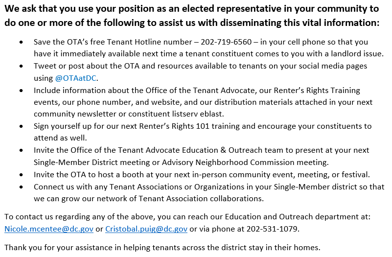 OTAatDC's tweet photo. CALLING ALL ANCs

Help us reach all 300,000+ renters in the District!

Complete 1 or more of these 7 steps below to spread the word about our services to constituents so that we can help promote renter's rights and protections before the PHE ends. https://t.co/U8f8ooskLV