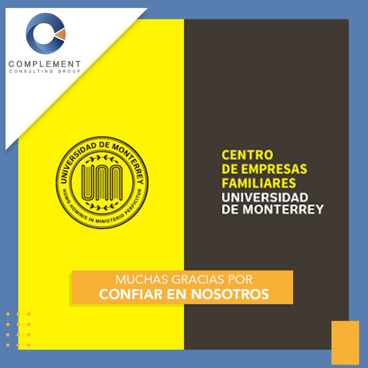 GroupComplement's tweet image. Agradecemos a nuestro cliente Centro de Empresas Familiares Universidad de Monterrey  por confiar en nosotros para brindarle soluciones estratégicas en:
✅Investigación de Mercados 
✅Planeación Estratégica

#complementcg #consulting #Consultoría