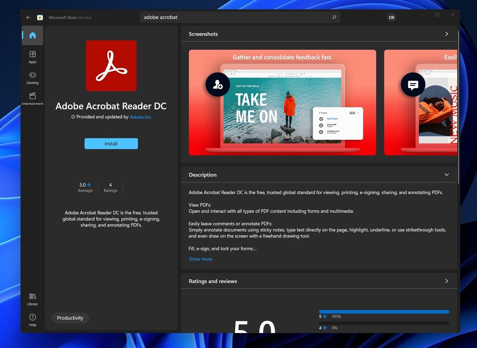 Daniel Rubino on X: "Another "classic" Win32 app, Adobe Acrobat Reader DC,  drops into the new Microsoft Store for Windows 11. It's just one of many  full apps being put onto the