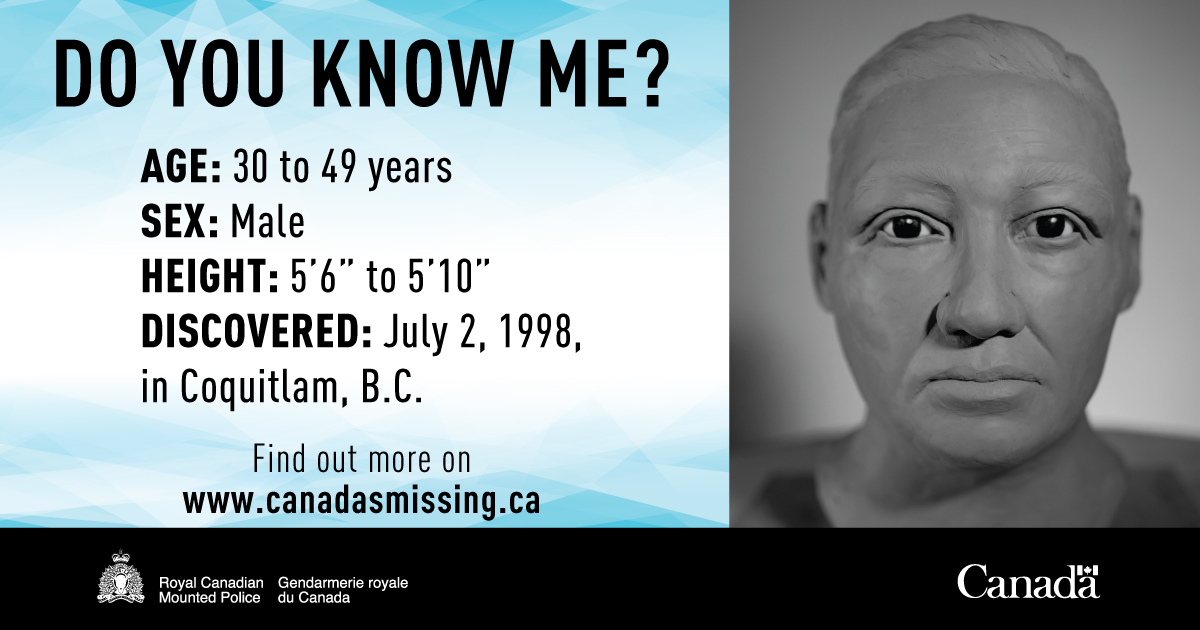 rcmpgrcpolice's tweet photo. Do you know me? I was discovered on this day in 1998 in Coquitlam, British Columbia. I am thought to be between 30 and 49 years old at the time of my death. To learn more or submit a tip: https://t.co/f7D41G1Ulq #15Faces @BCRCMP https://t.co/2Kc3hK4qdi
