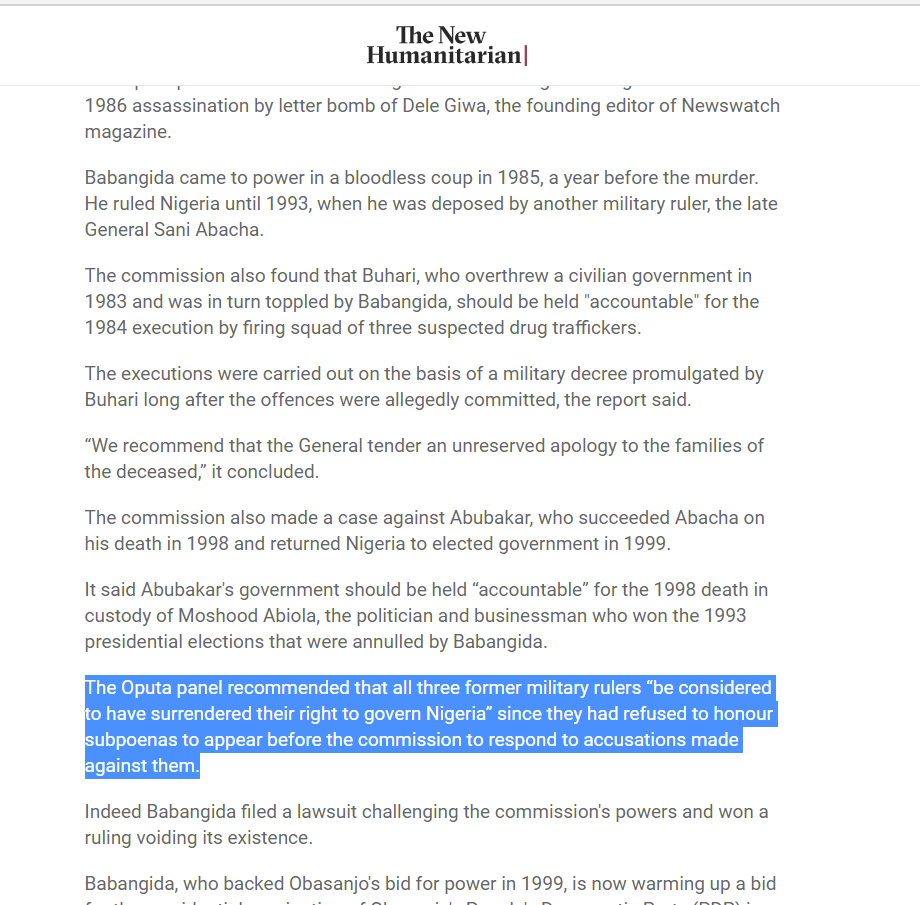 One of the recommendations of the Oputa Panel was that Muhammadu Buhari be barred from holding public office.

Wow! 😳