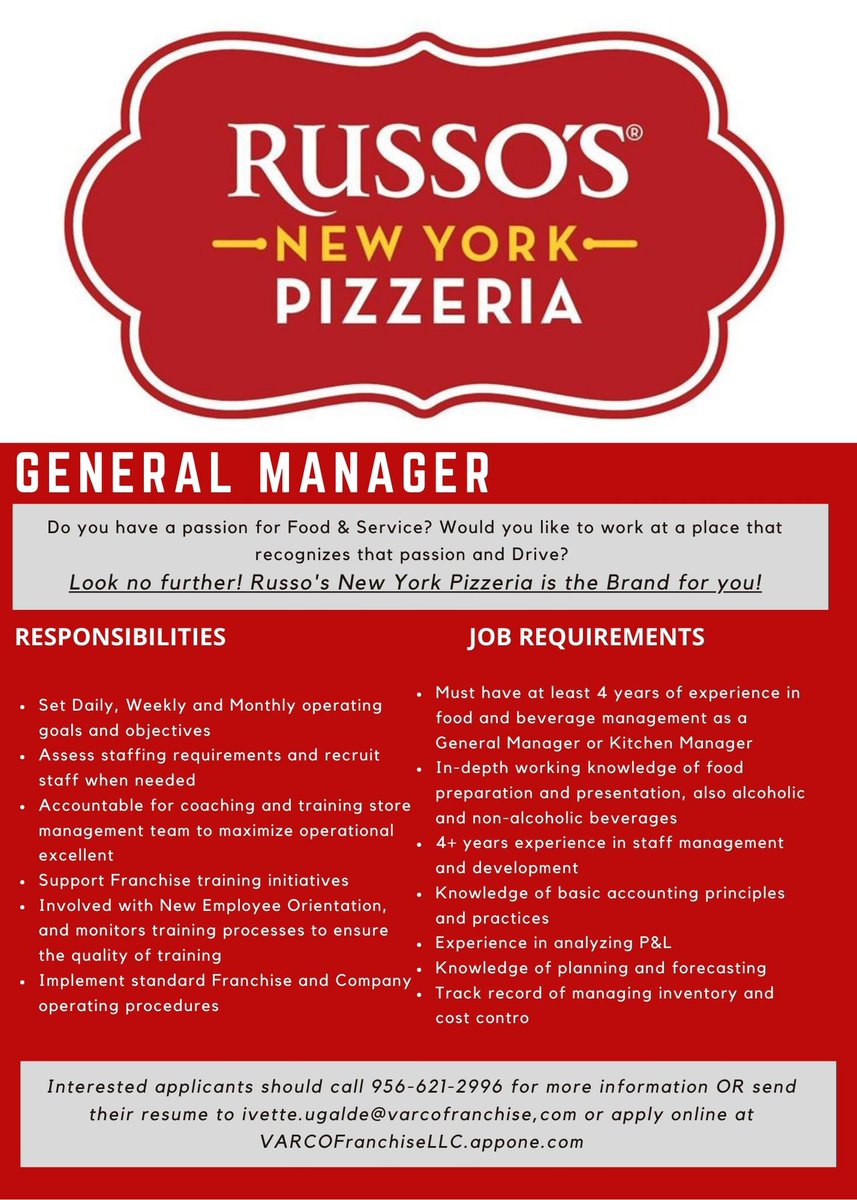 "Our Russo's South Padre Island location is currently seeking a general manager to deliver on this brand promise.  Do you have a passion for food and service? Look no further, Russo's New York Pizzeria is the career for you!