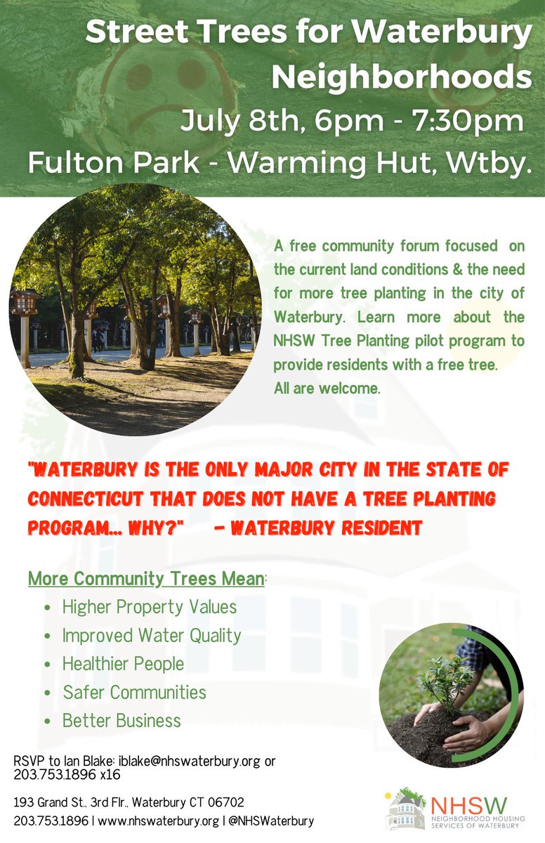nestct_'s tweet photo. July 8th - #SaveTheDate
Join us to explore the importance of #trees to our #community and #health. Plus, learn more about how we, and our partners, plan to initiate a tree planting program in #Waterbury to provide residents with a free tree. 

#ItTakesAVillage #InThisTogether https://t.co/zs5oO300gq