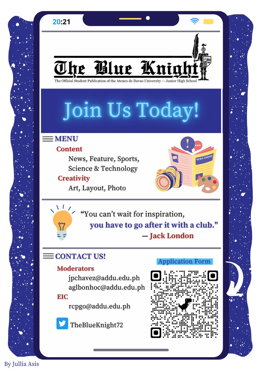 TheBlueKnight74's tweet photo. Campus call! It's that time of the school year once again! 

As we begin another online academic year, The Blue Knight invites you to become online campus journalists for AdDU JHS' official student publication. https://t.co/rVduHgfJuW