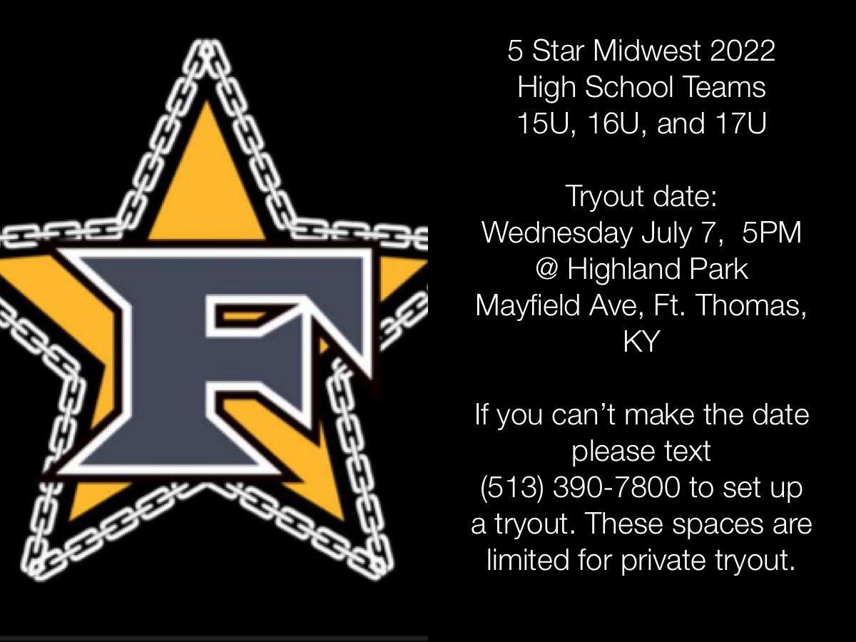 HS Org tryouts announced.  Come play with the best in Midwest.  For our team specifically, contact me at 5starmidwest@gmail.com.    Or Dm