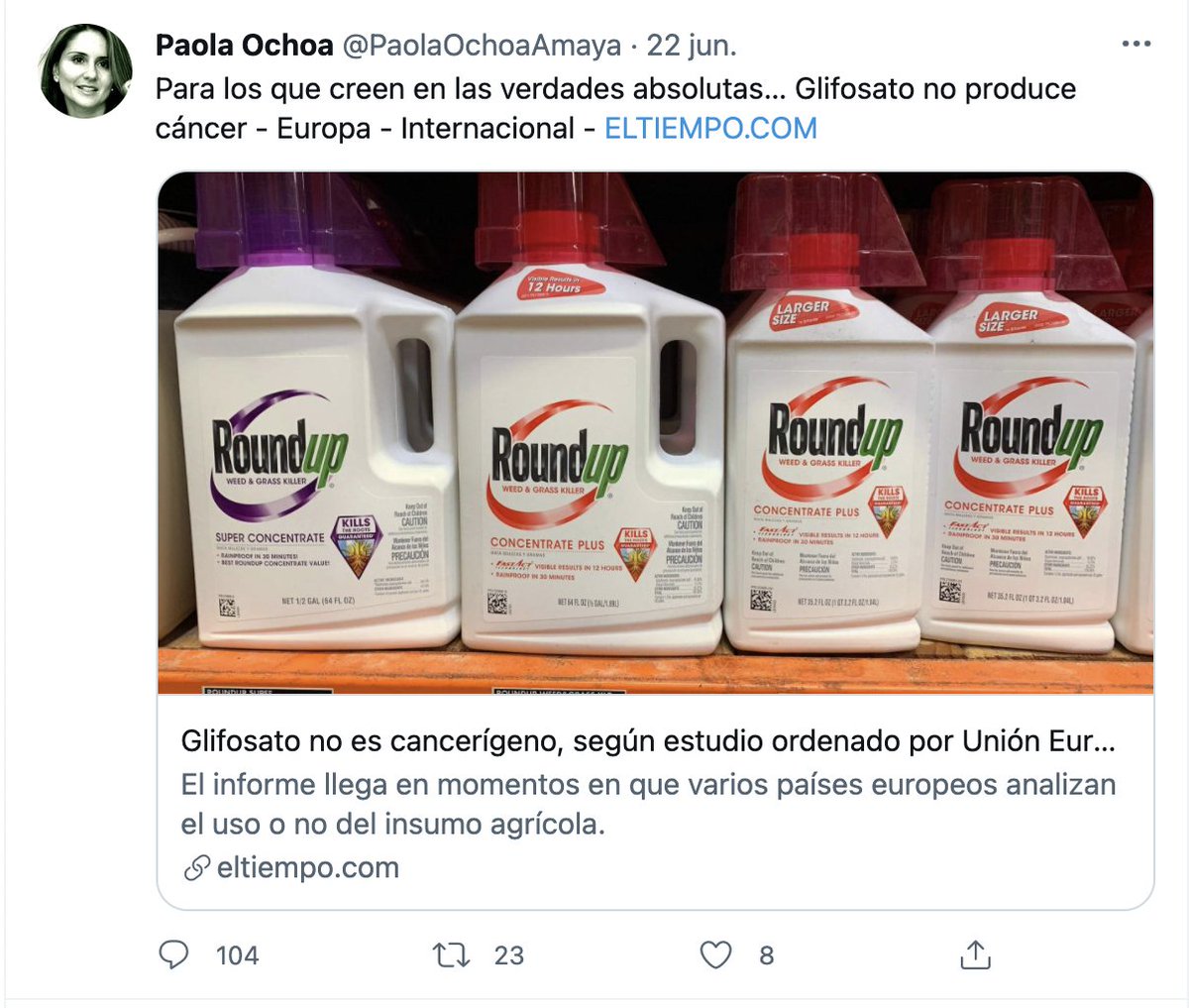 pcorrea78's tweet photo. 1. Este tweet de @PaolaOchoaAmaya es buenísimo porque resulta de entrada una lección para ella misma. El debate sobre glifosato está lejos de ser conclusivo. Pero no precisamente por citar esa floja nota de El Tiempo... (va en otro tweet la razón). https://t.co/0Uvdm62bxT