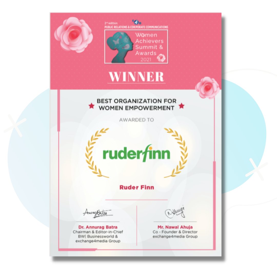 🎉 We are super thrilled to share that <a href="/RuderFinnIndia/">Ruder Finn India</a> has won the "Best Organisation for Women Empowerment” at the <a href="/e4mtweets/">exchange4media group</a> PR and Corp Comm Women Achievers Summit &amp; Awards 2nd Edition 2021 🎊

Moving onwards and upwards!

#RFtogether #PowerUpRF #RFReinvent #RuderFInnIndia