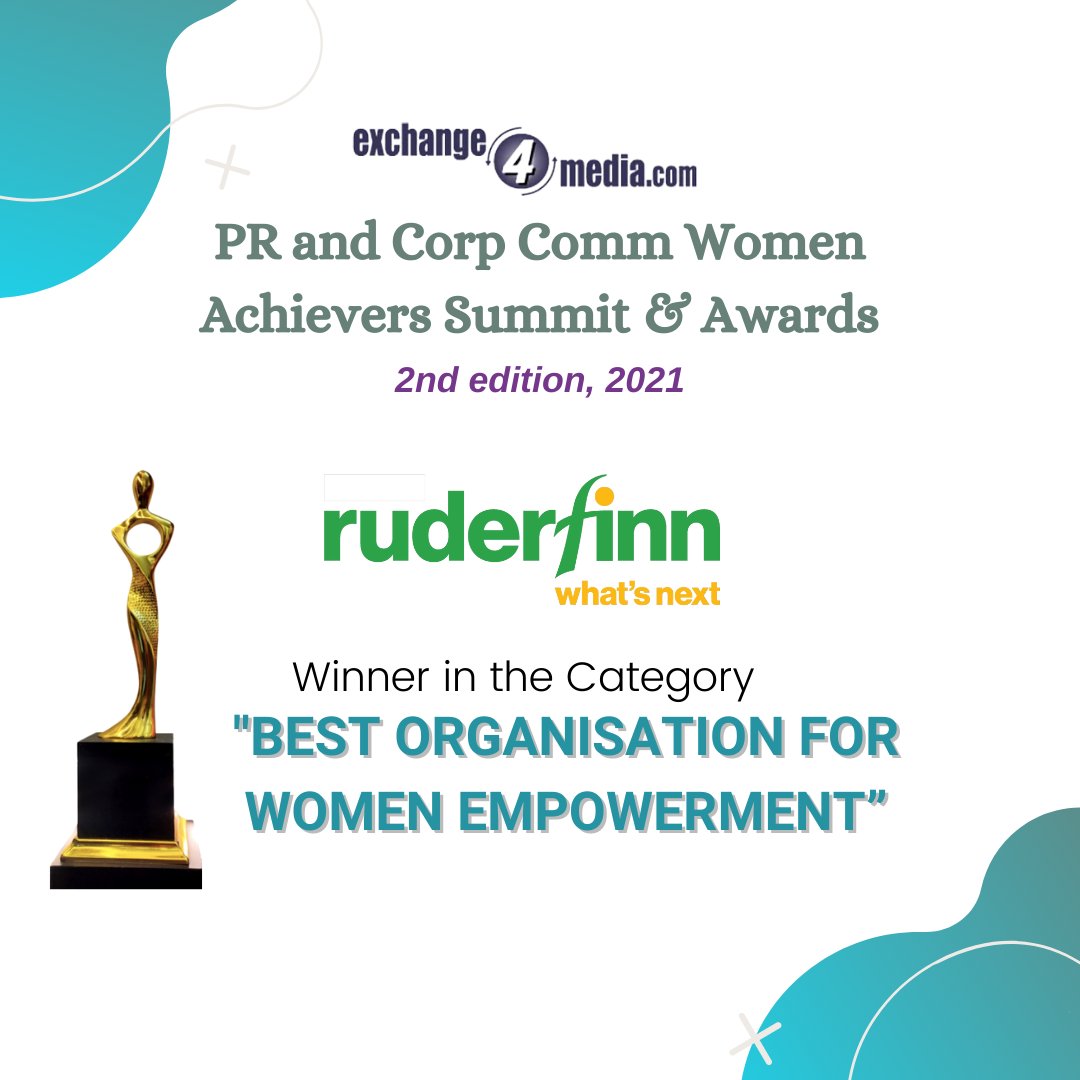 RuderFinnIndia's tweet photo. 🎉 We are super thrilled to share that @RuderFinnIndia has won the "Best Organisation for Women Empowerment” at the @e4mtweets PR and Corp Comm Women Achievers Summit &amp; Awards 2nd Edition 2021 🎊

Moving onwards and upwards!

#RFtogether #PowerUpRF #RFReinvent #RuderFInnIndia https://t.co/EsGmmnsOhx