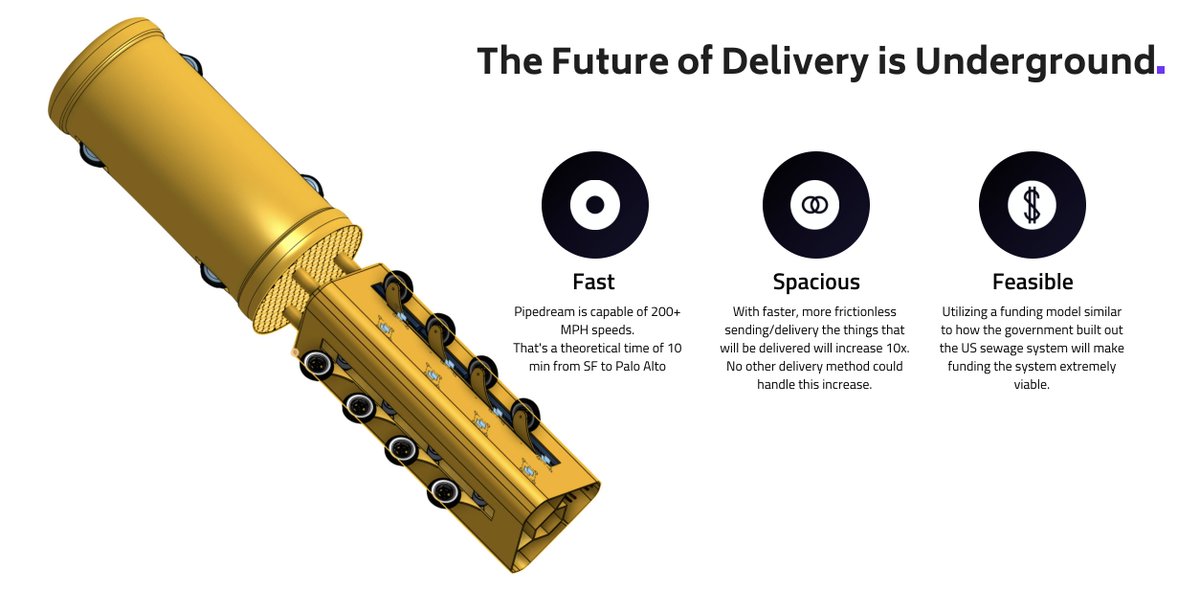 sulemanali's tweet image. Startup that blew me away this week: Pipedream.  

Building a network of underground tubes for delivery of stuff to homes and businesses.  Stuff could travel at 200mph inside the tubes - a tube from Palo Alto to SF could deliver goods in 10 minutes.  

pipedreamlabs.co