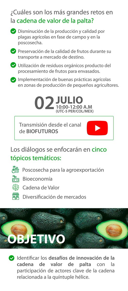 Prospect_Amed's tweet photo. Hola! Por si aún no te has enterado, hoy a las 10:00 👇🏽

#Biofuturos
Te invitamos a participar en los “Diálogos sobre Desafíos de Innovación en la Cadena de Valor de palta/aguacate”  

Participa y suscríbete al canal: https://t.co/dhalCsifdL https://t.co/7IehmFJKMC