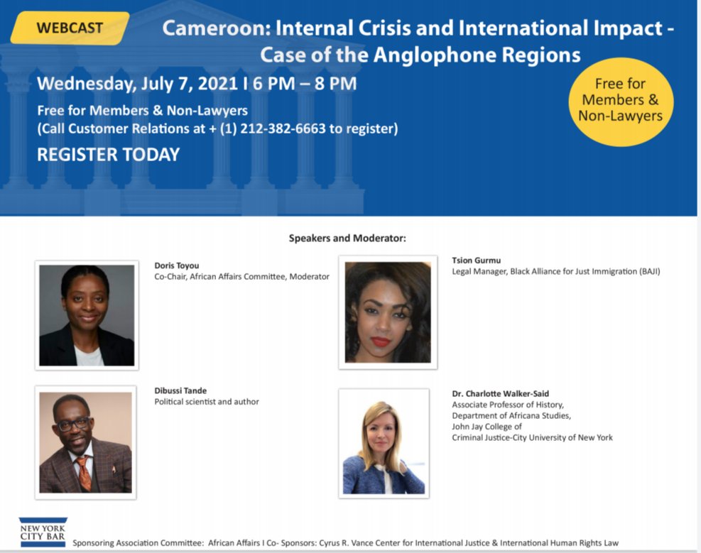 DorisToyou's tweet photo. Let's talk about #EndAnglophoneCrisis at the @NYCBarAssn this coming July 7. Great panelists to explore the causes of the conflict, migration to #Nigeria, IDP, US-Mexico border & the humanitarian crisis. Where is int' law? @dibussi @Walkercme @tsi_habeshawi https://t.co/dRHdm6KHuR
