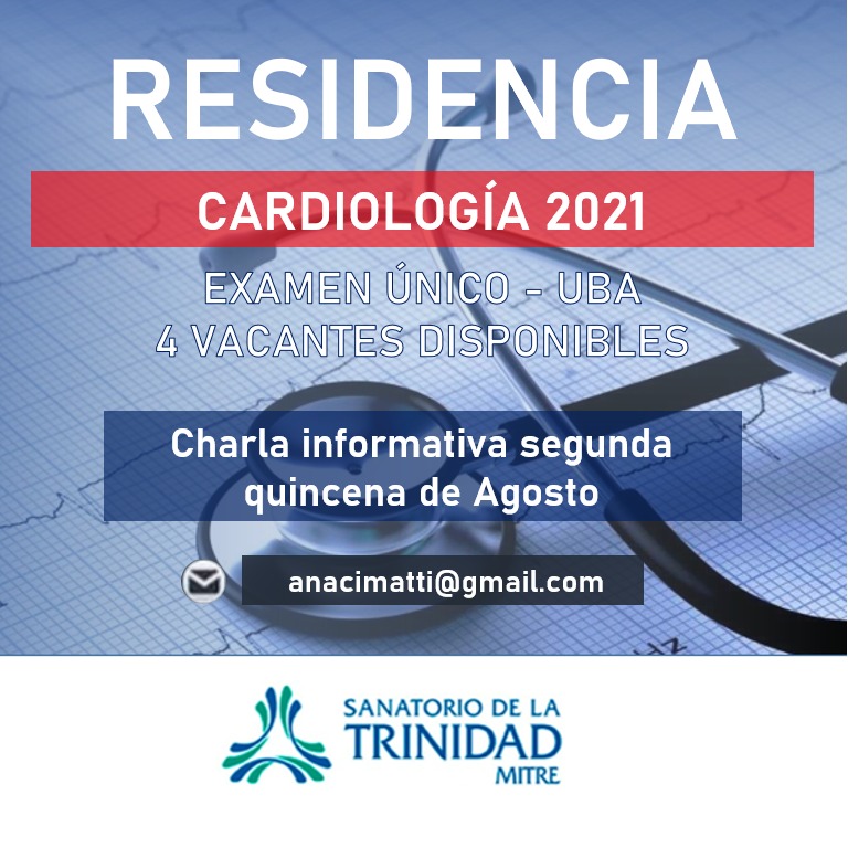 Residencia de Cardiología Sanatorio Mitre 2021
Servicio de alta complejidad
Hemodinamia 24 hs, trasplante cardíaco, electrofisiología, servicio de insuficiencia cardíaca e hipertensión pulmonar, imágenes, cirugía cardiovascular y recuperación