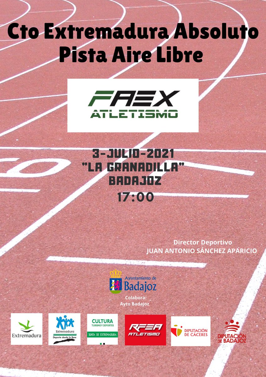 FedExtAtletismo's tweet photo. Mañana se disputa el CTO EXTREMADURA ABSOLUTO DE PISTA AIRE LIBRE en Badajoz.

Listas de salida y Resultados en directo: https://t.co/zylF3aItsL

Retransmisión en directo: @SportWinnerLive con varias cámaras para que elijas la prueba a ver.

#AtletismoExtremadura https://t.co/afaxfiDnsM