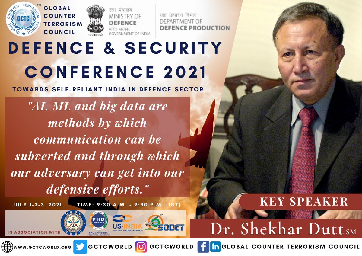 GCTCWORLD's tweet photo. Key Speaker Dr. Shekhar Dutt, SM on AI, ML and India's defensive efforts with @CleoPaskal
#DEFSECGCTC2021 #GlobalSecurityGCTC #DefenceR&D #InformationwarfareGCTC
@adgpi @indiannavy @IAF_MCC @DefProdnIndia @PMOIndia @DefenceMinIndia @LMIndiaNew @IndiaToday @NewsX @NIPERHyd https://t.co/Y0xtyF5ePd