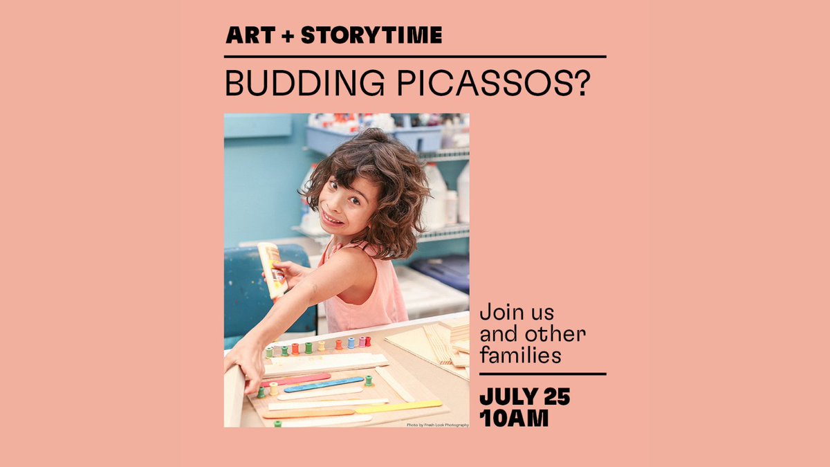 Art + Storytime. Budding Picassos? Join us and other families. July 25,10AM. Photo of a young girl making art from wood blocks and smiling.