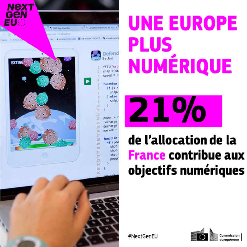 UEFrance's tweet photo. Le plan de relance européen, c'est près de 40% de #FranceRelance 🇪🇺🇫🇷

46% de l'enveloppe française #NextGenerationEU contribuera à la réalisation d'objectifs climatiques 🌿, et plus de 20% sera dédiée à la transition numérique 🌐

#NextGenEU #MakeItReal #StrongerTogether