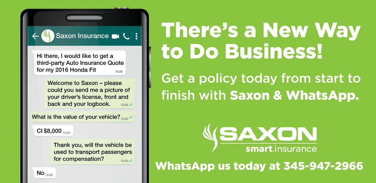 InsuranceSaxon's tweet image. There's a new way to do business!

Get a policy today from start to finish with Saxon and Whatsapp!

Contact Saxon Insurance Cayman today:

Email: insurance@saxon.ky
WhatsApp: 947-2966
or visit saxon.ky 

Be Prepared With Saxon.
