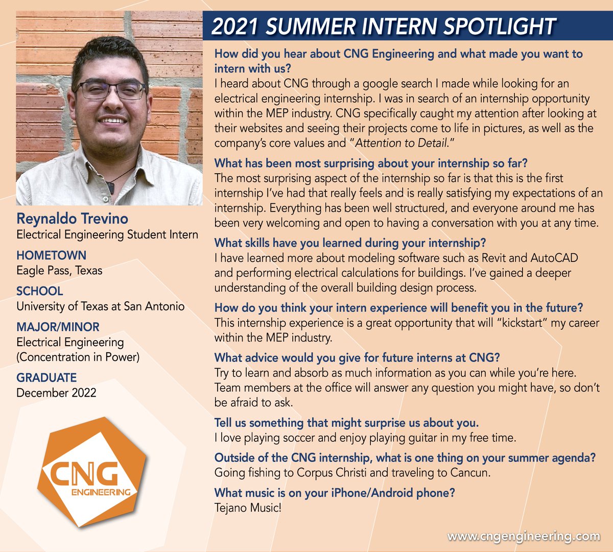 CNG_Engineering's tweet photo. This week's spotlight introduces Eagle Pass native, Reynaldo Trevino. Reynaldo is an Electrical Engineering Student at @EngineeringUTSA  on course to graduate in December of 2022.

#MEPEngineering #electricalengineer  #SummerIntern  #investinginthefuture #Futurefriday #TGIF https://t.co/gjCPNKJncE