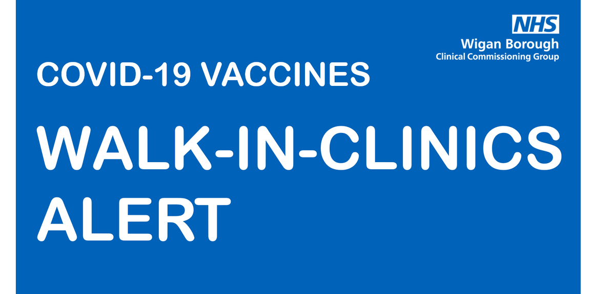 Covid vaccine walk-in clinics are open today.

Aged 18+ living or working in Wigan Borough? Get your 1st vaccine (Pfizer):

St Peters Pavilion Hindley, 8.30am – 1.30pm

Robin Park Leisure Centre, 9am – 2pm

Leigh Leisure Centre, 9am - 1.30pm

No booking required