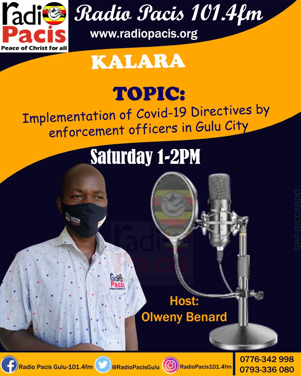 Kalara this Saturday 3rd July 2021, 1-2pm with Denis Odongpiny, RCC @GuluCityCouncil & Hon: Odong Morris, Male Councilor for Laroo-Pece South.
@LoumBernard @mdaliker @PolycapKalokwe2 @RadioPacisGulu @RadioPacisnews @PoliceUg @MACHINEmakproj1 @choowilly @
Radio Pacis 101.4fm