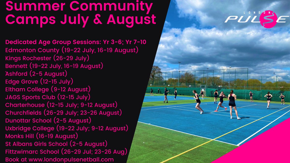 Learn To Play The Pulse Way:

Summer Junior Community Camps
Venues across the Region
Full day sessions
Yrs 3-6 and 7-10

londonpulsenetball.com/product-catego…