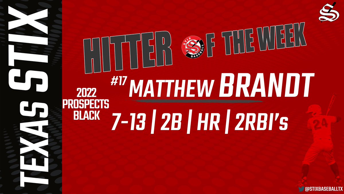 ⚾️HS Hitter of the Week⚾️Congratulations to Matthew Brandt with 2022 Prospects Black for earning the Stix Hitter of the Week!! 
✅7-13
✅2B
✅HR
✅2RBI’s

#STIXFAM | #STIXHITTER