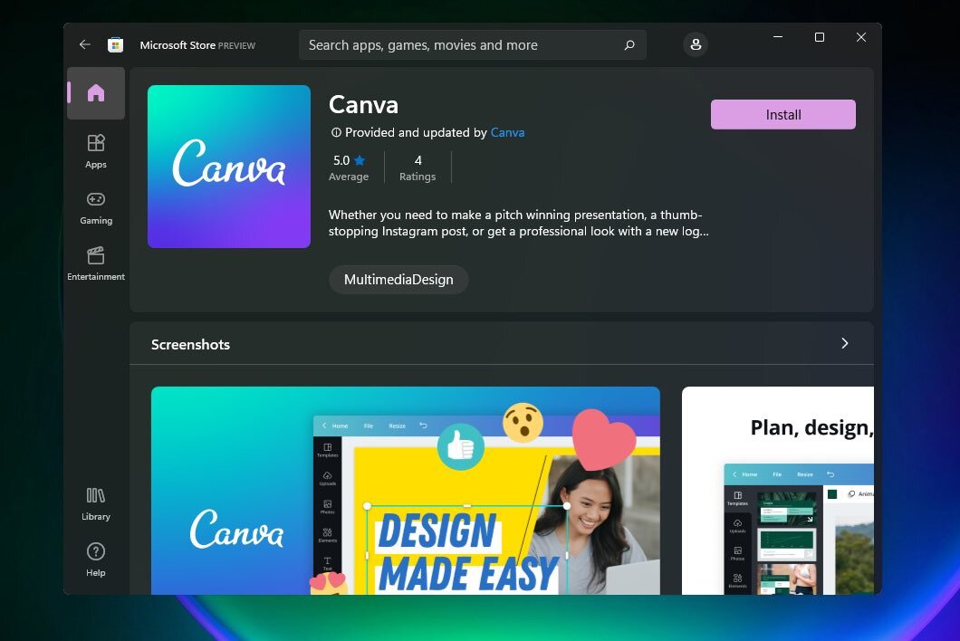 canva's tweet photo. Can't wait! Canva is officially part of the @Windows App store when #Windows11 drops. Let's go! 🎉 https://t.co/OPZFBwzJFl
