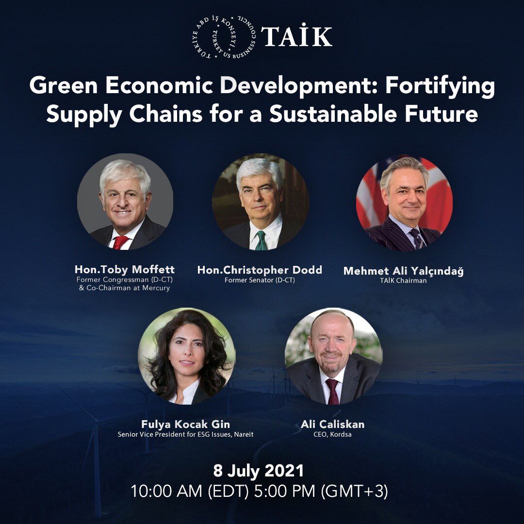 CONFIRMED: TAIK is delighted to announce that we will be discussing the future of sustainable supply chains with: 
- Senator <a href="/SenChrisDodd/">Chris Dodd</a>
- Congressman Toby Moffatt
- TAIK Chairman Mehmet Ali Yalçındağ
- Senior VP for Nareit, <a href="/FulyaKocakGin/">Fulya Kocak</a>
- CEO of <a href="/KordsaOfficial/">Kordsa</a>, Ali Caliskan