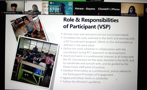peacecorpguyana's tweet photo. This week, we had a very successful VSPP Counterpart and Supervisor Virtual Orientation – which was our official kickoff of #VSPP in Guyana! Our attendees included representatives from the Ministries of Health and Education. #virtualservice
https://t.co/UtXrNZ7zeR https://t.co/RD1hkjOLF8