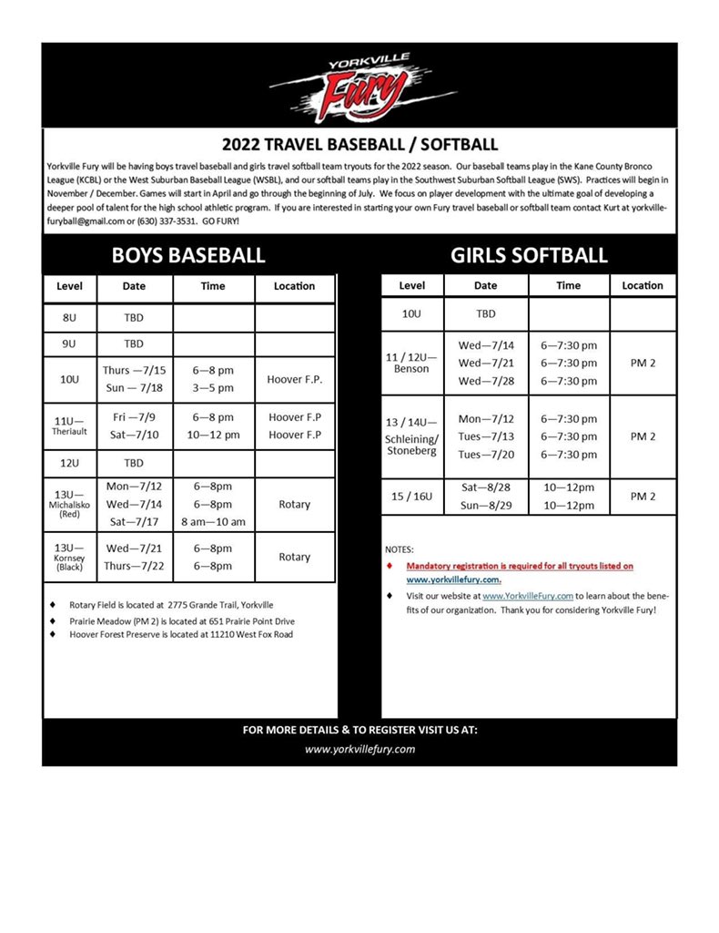 YorkvilleFury's tweet photo. Information about upcoming tryouts for both Fury Baseball and Softball.  We are looking to fill head coaching positions for baseball at 8u, 9u and 12u. https://t.co/FCGcjcY6Rd