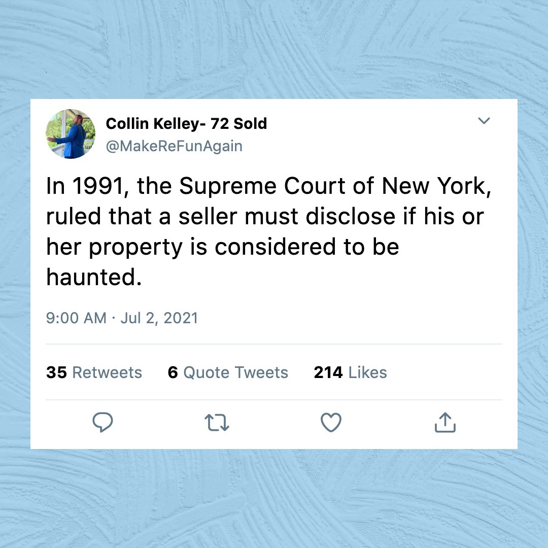 makerefunagain's tweet image. FAST FACT FRIDAY: In 1991, the Supreme Court of New York, ruled that a seller must disclose if his or her property is considered to be haunted. 👻Would you ever move into a home you know or believe to be haunted? 🤔

#MakeReFunAgain #FastFactFriday #CDARealtor #SpokaneRealtor