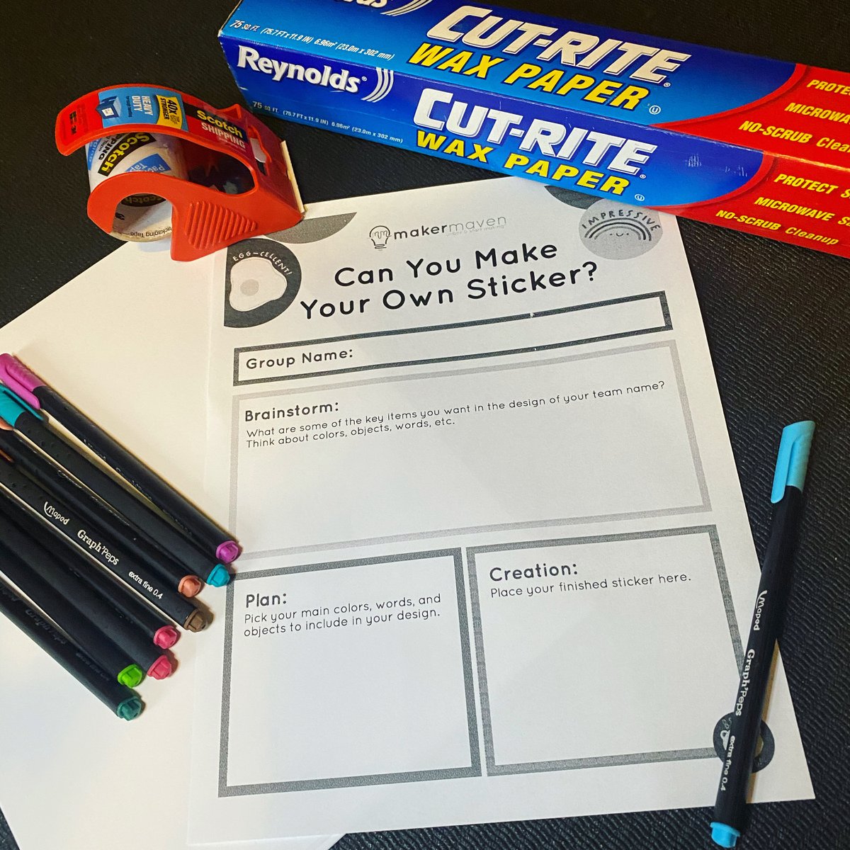 maker_maven's tweet image. Making your own stickers is a great STEM challenge!  For this challenge, students will be creating their own stickers with items we can find around the house. Find the challenge here: ow.ly/HM6r50DWGZ5 #STEM #EdChat