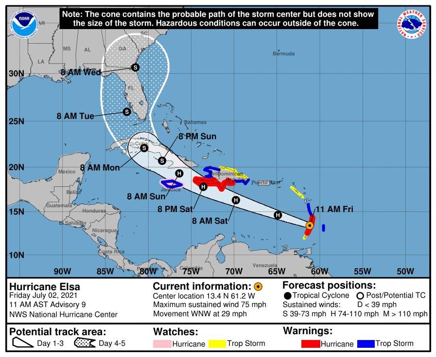 NWS's tweet image. There is a risk of storm surge, wind, and rainfall impacts in the FL Keys and portions of the FL Peninsula early next week. However, the forecast uncertainty for #Elsa  remains larger than usual, and interests in FL should monitor updates to the forecast. hurricanes.gov