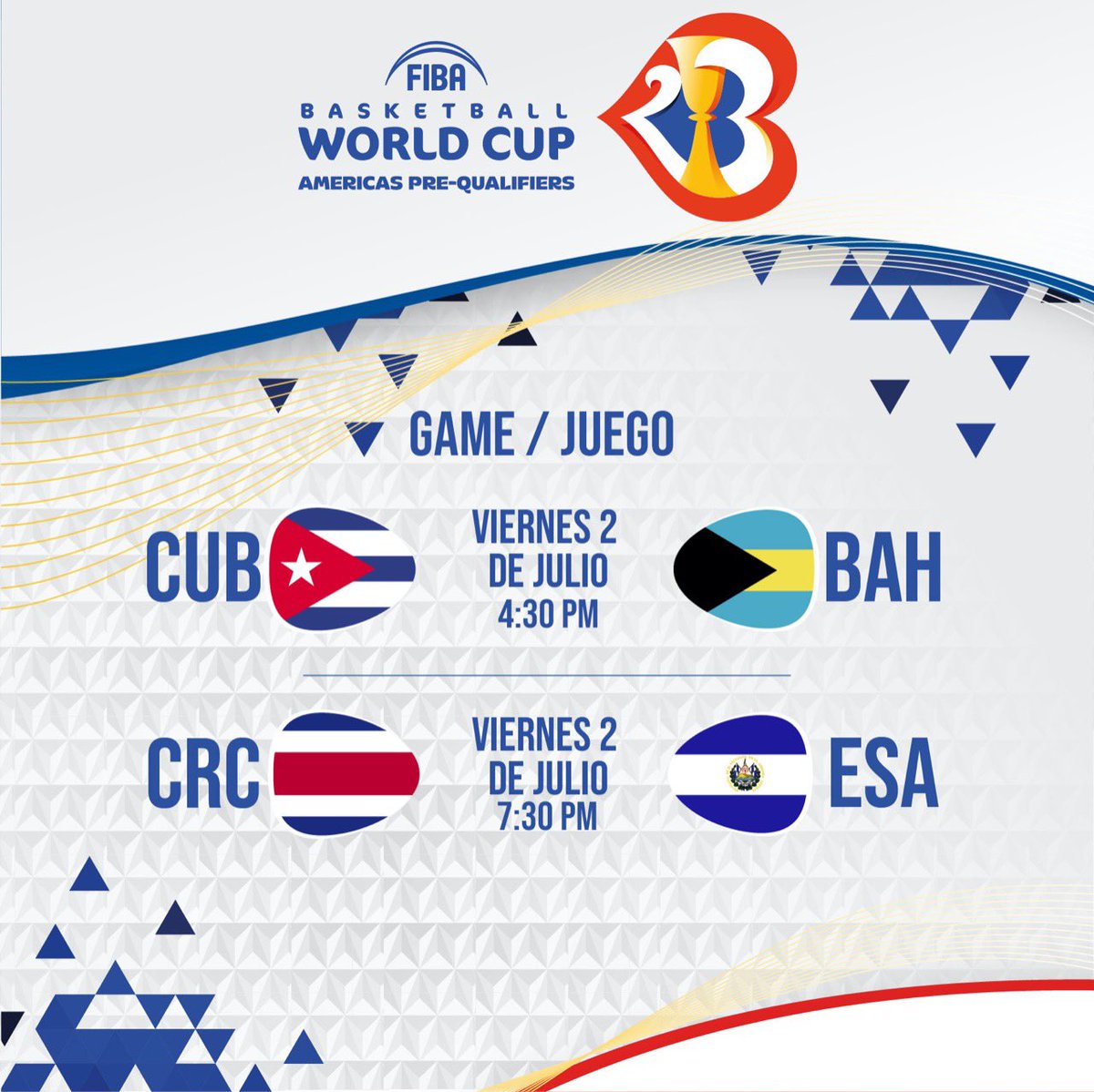 fesabal's tweet photo. |🏀🏆🇸🇻🇨🇺🇨🇷🇧🇸
#PreQualifiersFIBA |
🔥¡Hoy inicia el Preclasificatorio de las Américas a la Copa del Mundo de Baloncesto FIBA 2023!🔥
Cuba-Bahamas 4:30 p.m.
Costa Rica-El Salvador 7:30 p.m.
🏟 Gimnasio Nacional José Adolfo Pineda, San Salvador. https://t.co/5MfdQrzifh