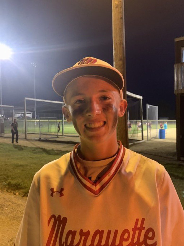 CoachManeman's tweet photo. 👑 of the Hill: (7/1) 
Evan Scott from Bellevue Marquette threw a complete game four-hitter over #2 ranked in 1A North Lynn. Evan struck out three while only allowing one earned run in the @MohawkBaseball_ 6-2 victory. 

@IsaacSturm https://t.co/CN6yyC4RZF