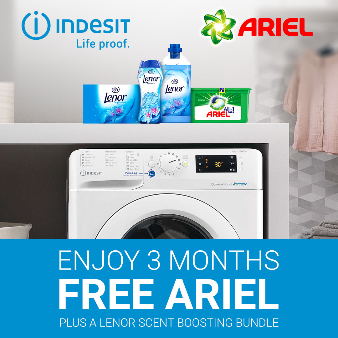 Claim your 3 months FREE supply of Ariel + a Lenor scent boosting bundle when you purchase a Push&Go laundry appliance before the end of July! For more info head to indesit.co.uk/Landings/Free-… *T&Cs apply. 18+. UK Only. Offer valid from 01/06/2021 - 31/07/2021.