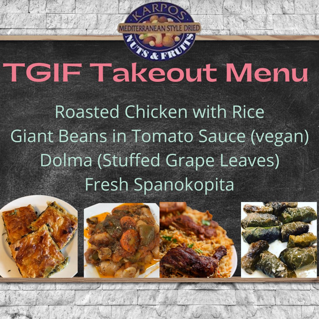 DryKarpos's tweet photo. #TGIF #Takeout #Menu #ldnont:  #fresh #spanokopita, #roastedchicken &amp; #rice, #dolma (#stuffedgrapeleaves), #gigantesplaki   (#giantbeans in #tomatosauce-#vegan) Call (519) 672-5200 to reserve your #meal #greekfood  #comfortfood #ldnontario  #519food #519local #oliveoil #519ldnont https://t.co/UEPvdCWcM4
