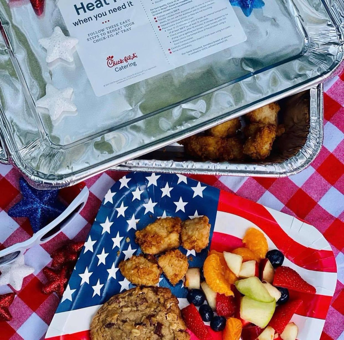Celebrate the 4th of July with Chick-fil-A! 🇺🇸 Order a chilled nugget tray for pick up on Saturday, July 3 and we will give you 12 chocolate chunk cookies on us! Call today to place your order for pickup.