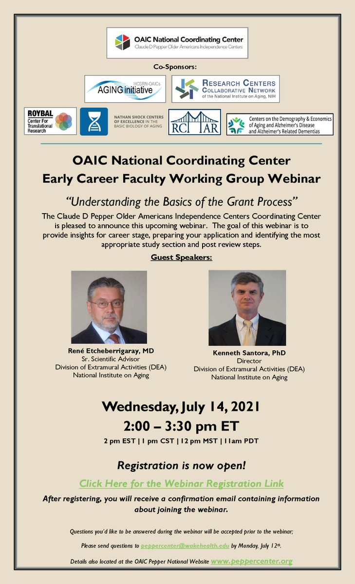 PepperOAIC's tweet image. Register now for the &quot;Understanding the Basics of the Grant Process&quot; Webinar with NIA leaders July 14th! Helpful insight for preparing applications and submitting to best study section. Don&apos;t miss out!
us02web.zoom.us/webinar/regist… 
#agingresearch #NIHgrants  #studysection