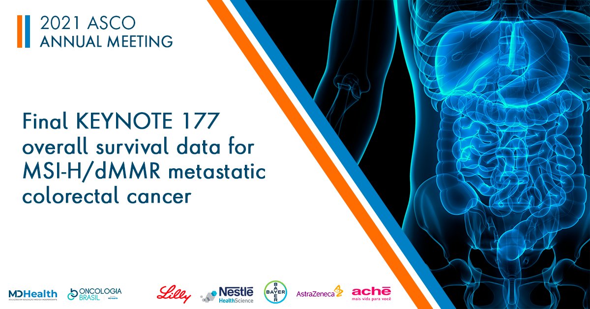 The study concluded that pembrolizumab provides statistically higher PFS gain compared to chemotherapy with fewer adverse events, showing a trend in mortality reduction that, however, did not reach statistical significance. 
Learn more: bit.ly/3dBCsyf
#ASCO21 #colon