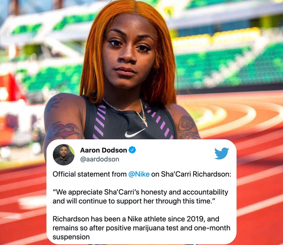 The Undefeated on Twitter: &quot;Nike is sticking with its athlete, Sha'Carri Richardson, after she tests positive for cannabis and is disqualified from competing in the Tokyo Olympics' 100m race. (Via @aardodson)… https://t.co/7AfguC0OYJ&quot;