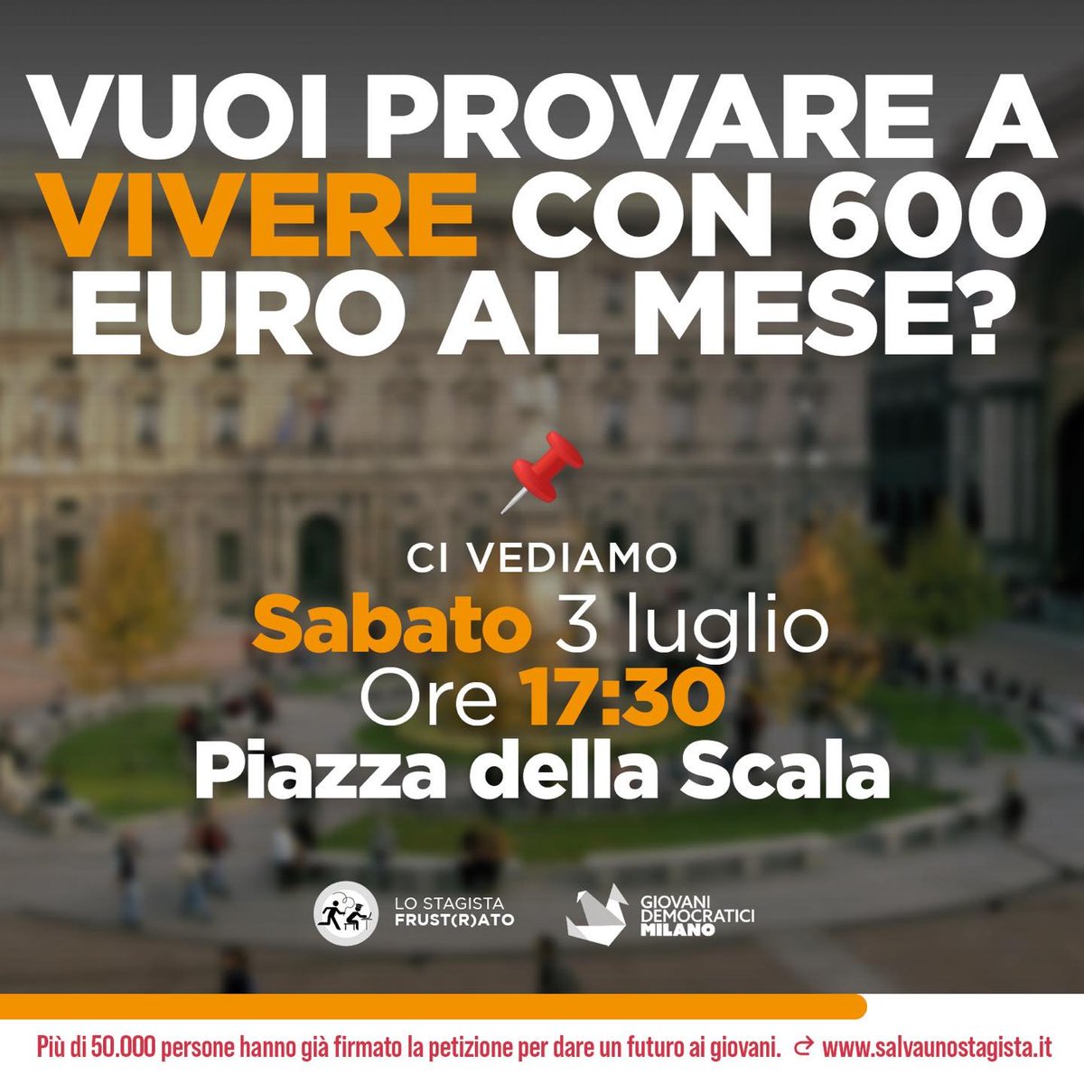 I giovani scansafatiche non vogliono mettersi in gioco.
Ma voi riuscireste a vivere con 600€ al mese?
Domani vi aspettiamo in Piazza della Scala per dimostrarvi una volta per tutte quanto sia impensabile vivere con uno stipendio del genere.
#Lavoro #Stage #Milano