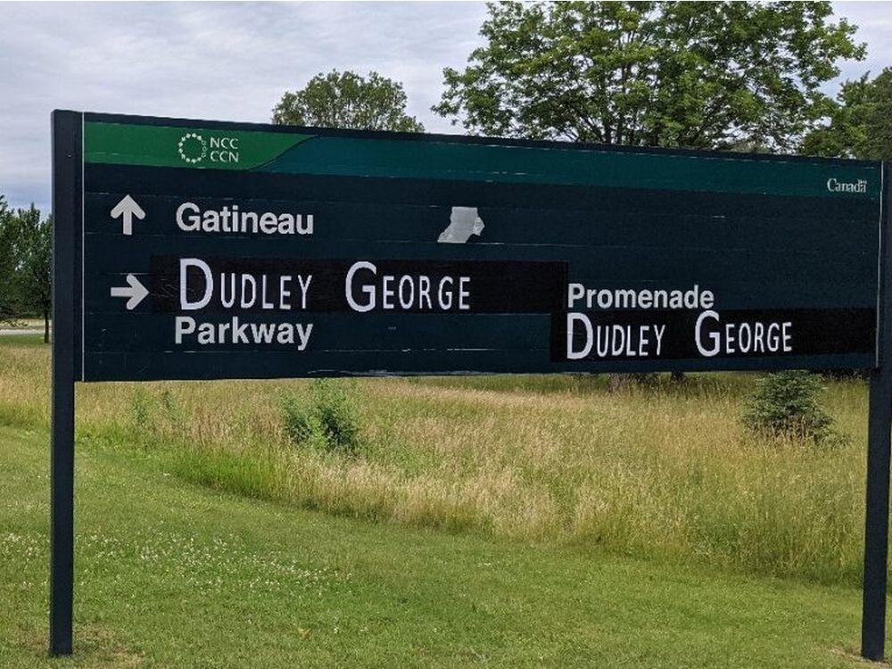 RENAMED 'Dudley George Parkway' sign posted on Sir John A. Macdonald Parkway