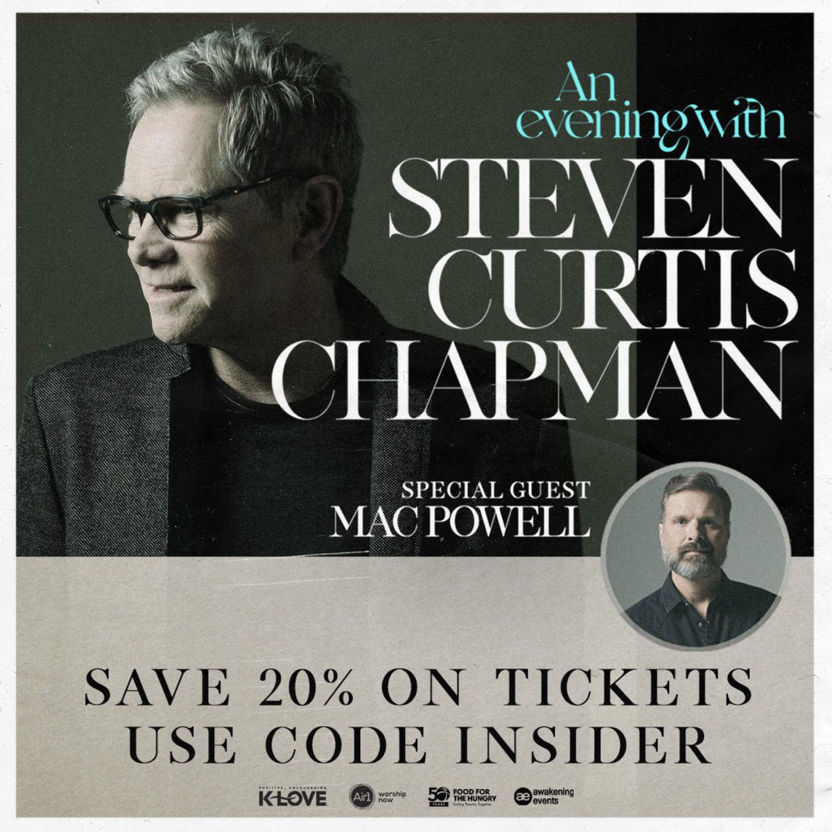 StevenCurtis's tweet image. Tickets to my fall tour “An Evening With Steven Curtis Chapman and Special Guest: @MacPowell” are available NOW! If you get yours before July 9th you can save 20% using the code “INSIDER” at checkout. Tickets and information can be found at stevencurtischapman.com/tour