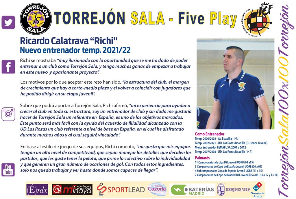 CLUB | 
<a href="/Richi1401/">Richi</a> Ricardo Calatrava “Richi” será el nuevo entrenador de nuestro primer equipo para la próxima temporada 2021/2022 

Bienvenido “Richi” a la familia #TorrejonSala 
👇🏻