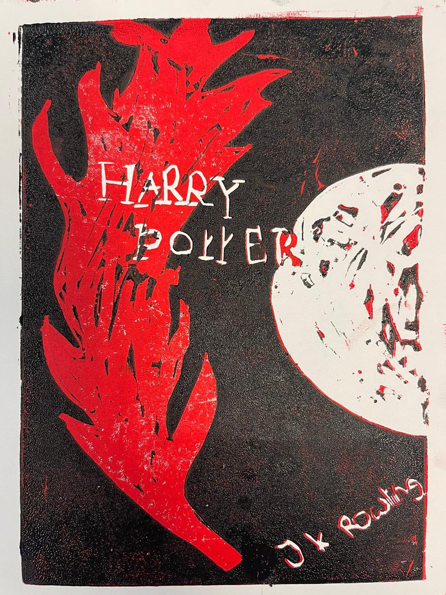 Year 8 book covers created by students <a href="/MersthamPark/">Merstham Park School</a>. Reduction lino prints based upon memorable books that they have read and enjoyed. This is not an easy task to master! #success #resilience #crosscurricular